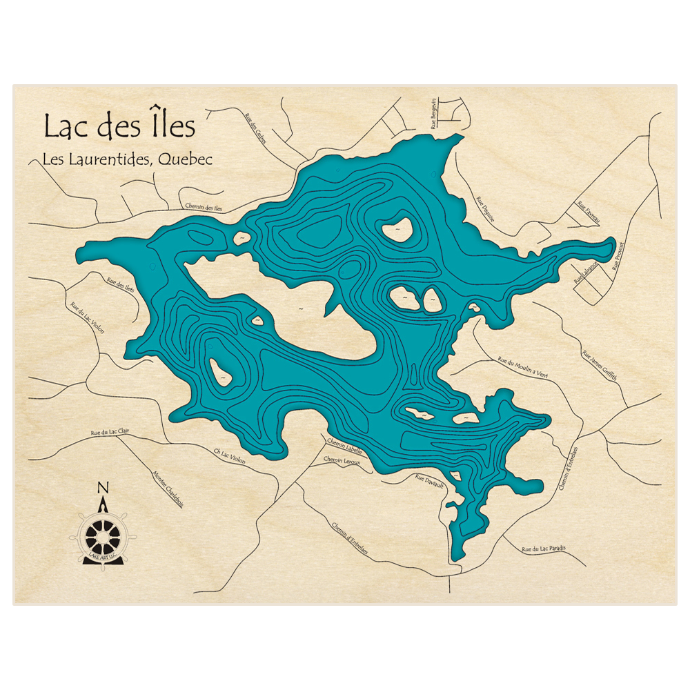 Bathymetric topo map of Lac des Iles (Near Town of Esterel in Saint Marguerite-Esterel) with roads, towns and depths noted in blue water