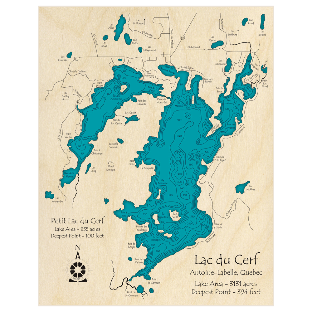 Bathymetric topo map of Lac du Cerf (with Petit lac du Cerf) Acres/Feet with roads, towns and depths noted in blue water