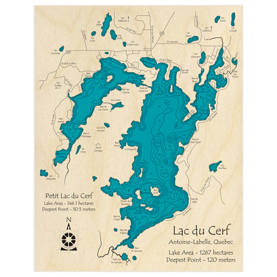 Bathymetric topo map of Lac du Cerf (with Petit lac du Cerf) Hectares/Meters with roads, towns and depths noted in blue water