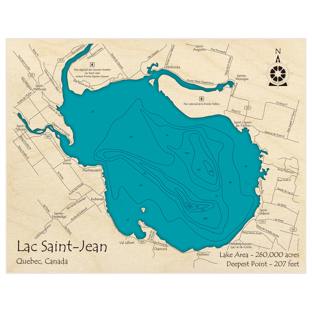 Bathymetric topo map of Lac Saint Jean with roads, towns and depths noted in blue water