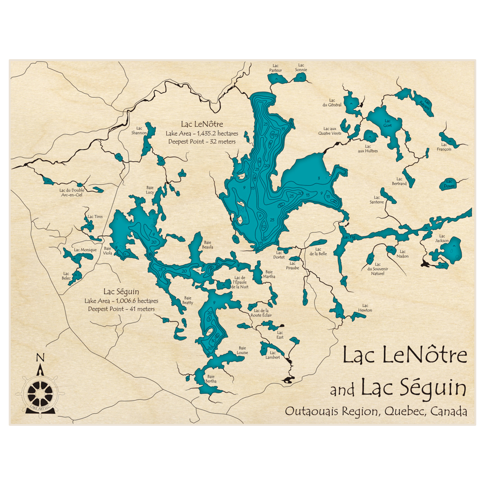 Bathymetric topo map of Lac LeNôtre and Lac Séguin with roads, towns and depths noted in blue water