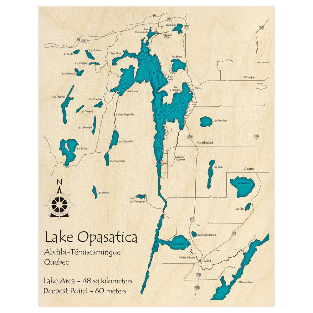 Bathymetric topo map of Lake Opasatica with roads, towns and depths noted in blue water