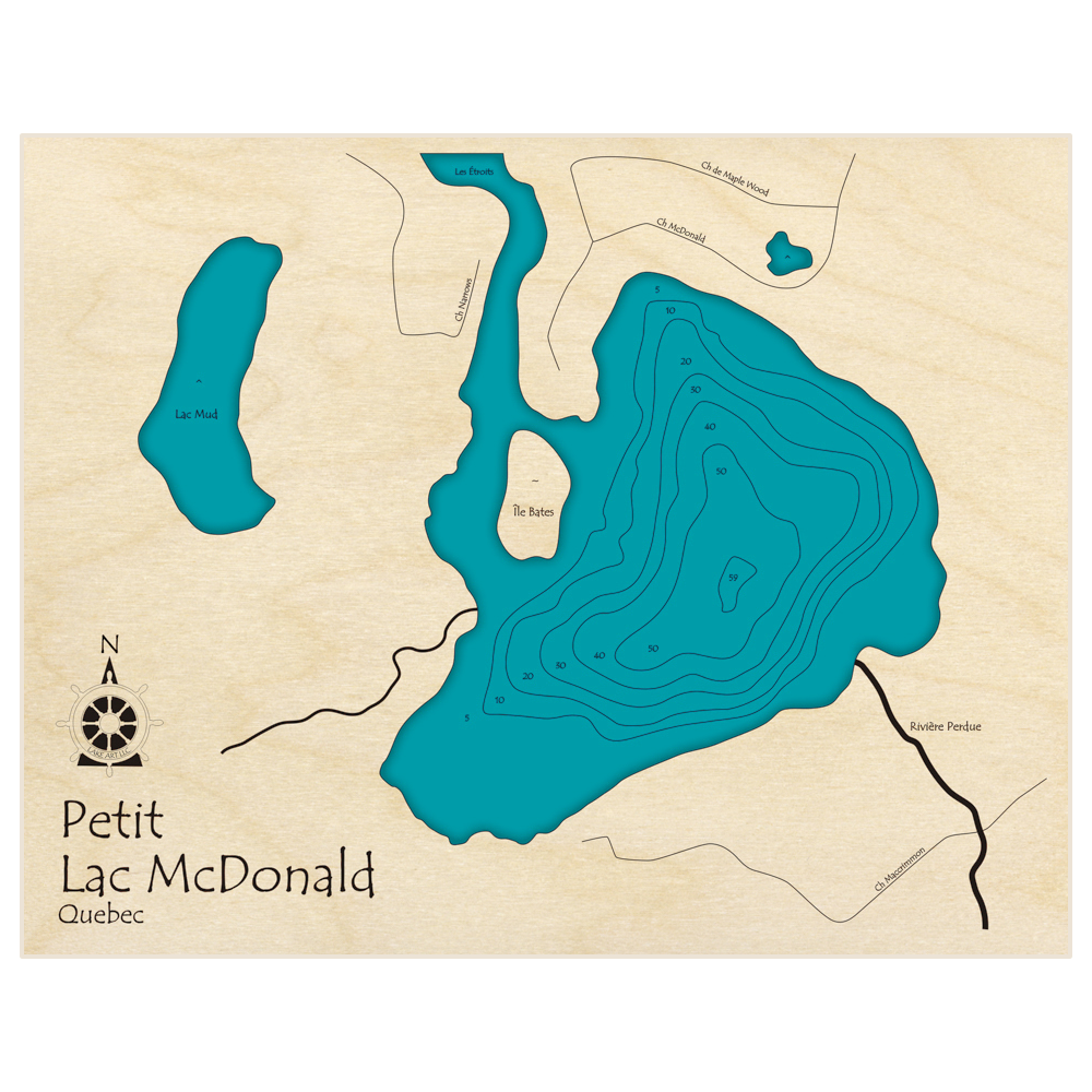 Bathymetric topo map of Petit Lac McDonald with roads, towns and depths noted in blue water