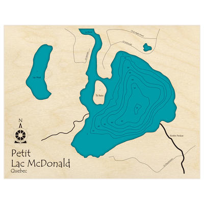 Bathymetric topo map of Petit Lac McDonald with roads, towns and depths noted in blue water