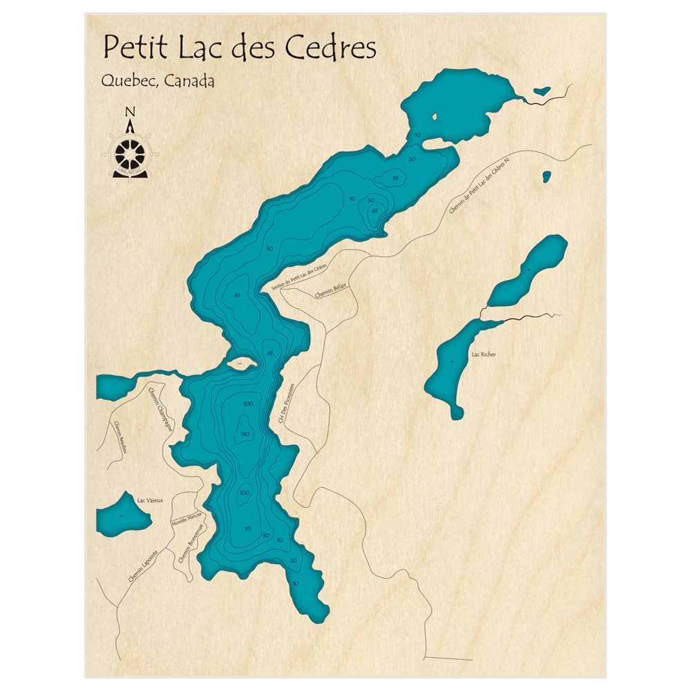 Bathymetric topo map of Petit Lac des Cedres with roads, towns and depths noted in blue water