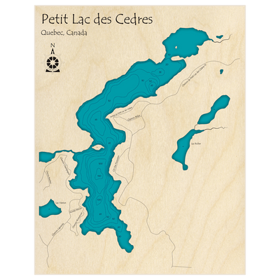 Bathymetric topo map of Petit Lac des Cedres with roads, towns and depths noted in blue water