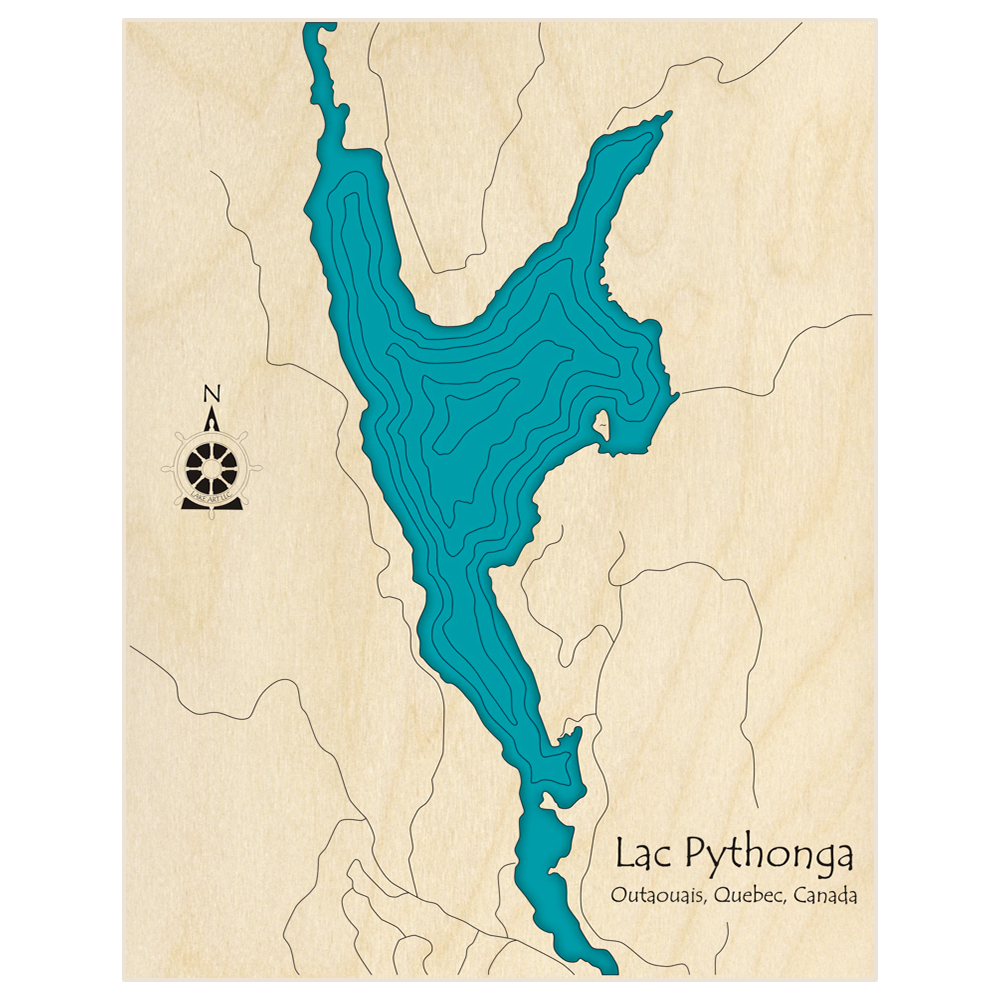 Bathymetric topo map of Lac Pythonga  with roads, towns and depths noted in blue water
