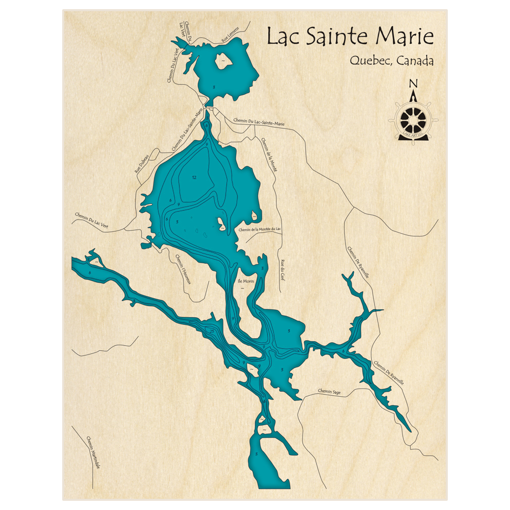 Bathymetric topo map of Lac Sainte Marie with roads, towns and depths noted in blue water