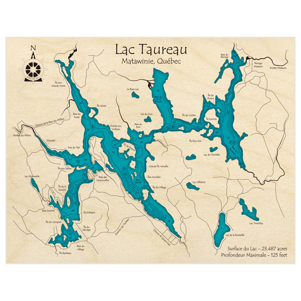 Bathymetric topo map of Lac Taureau with roads, towns and depths noted in blue water