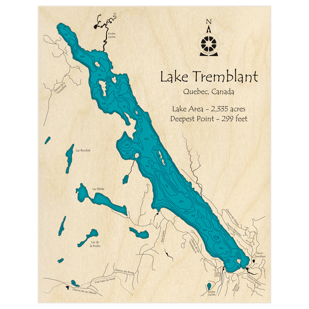 Bathymetric topo map of Lac Tremblant with roads, towns and depths noted in blue water