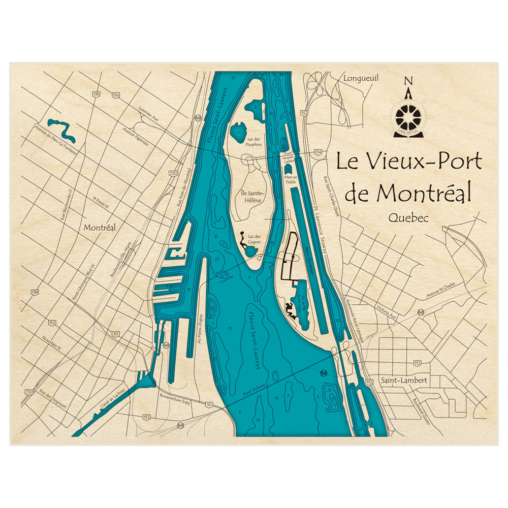 Bathymetric topo map of Vieux Port de Montreal with roads, towns and depths noted in blue water
