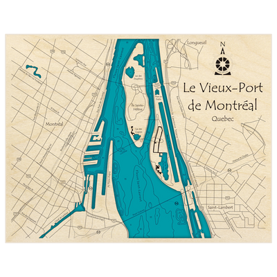 Bathymetric topo map of Vieux Port de Montreal with roads, towns and depths noted in blue water
