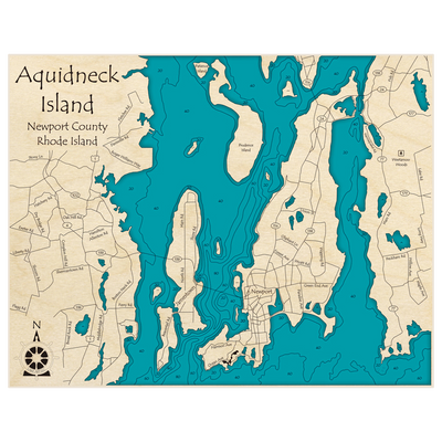 Bathymetric topo map of Aquidneck Island with roads, towns and depths noted in blue water