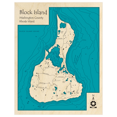Bathymetric topo map of Block Island (Portrait) with roads, towns and depths noted in blue water
