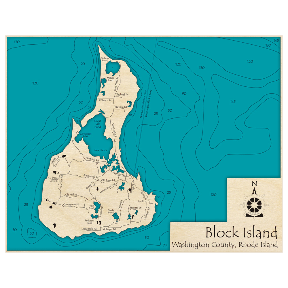 Bathymetric topo map of Block Island (Landscape) with roads, towns and depths noted in blue water