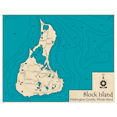 Bathymetric topo map of Block Island (Landscape) with roads, towns and depths noted in blue water