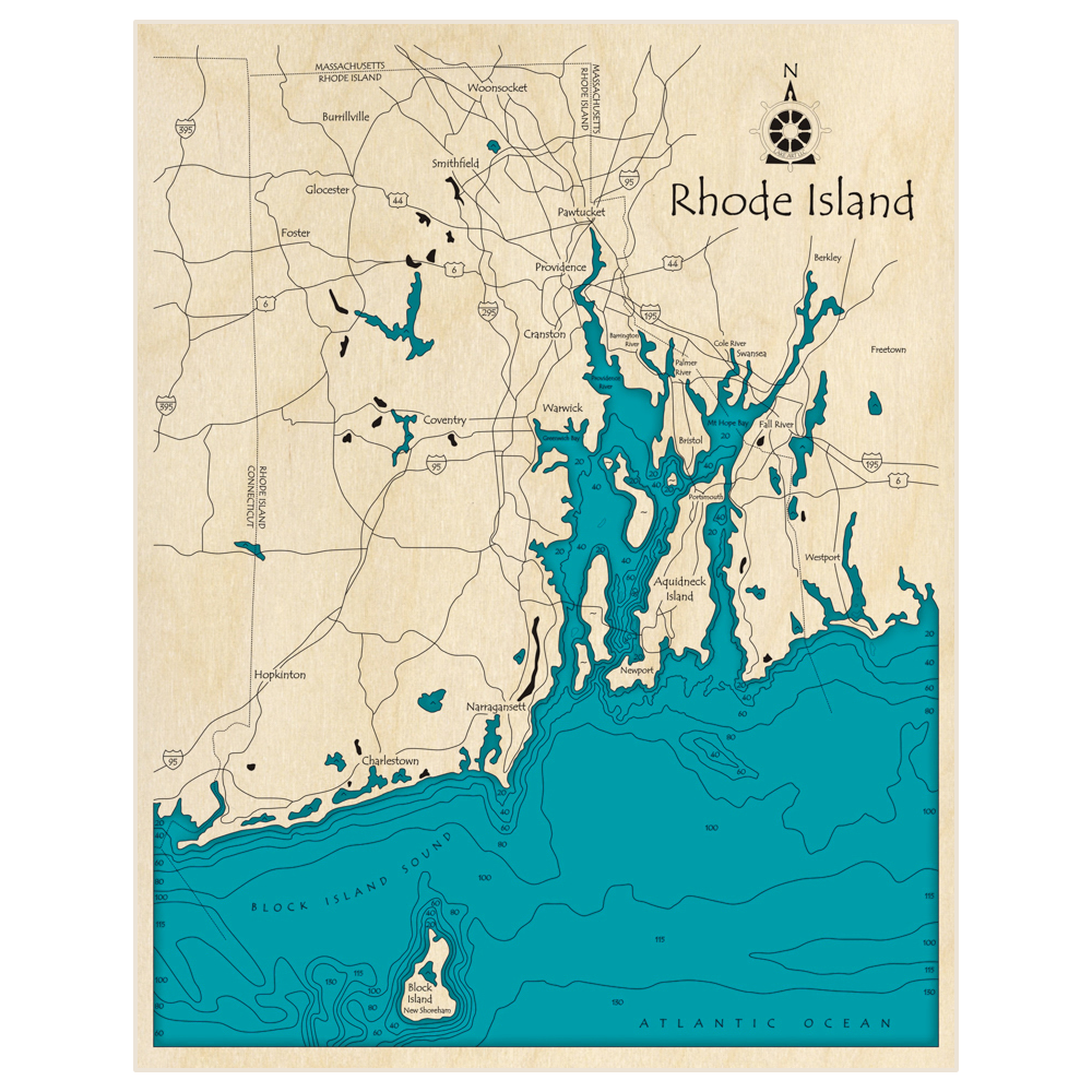 Bathymetric topo map of Coast of Rhode Island with roads, towns and depths noted in blue water