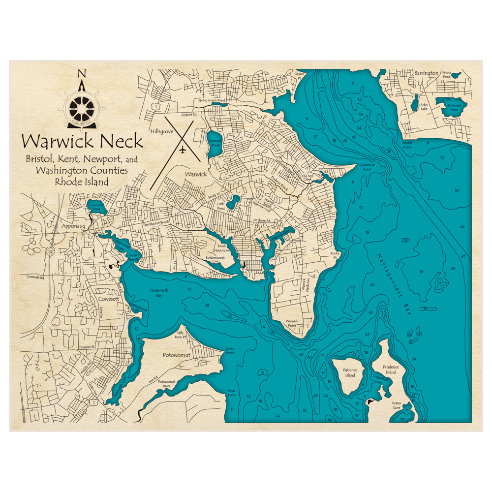 Bathymetric topo map of Warwick Neck with roads, towns and depths noted in blue water