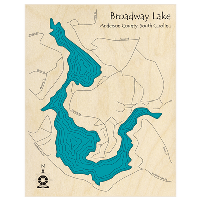 Bathymetric topo map of Broadway Lake  with roads, towns and depths noted in blue water