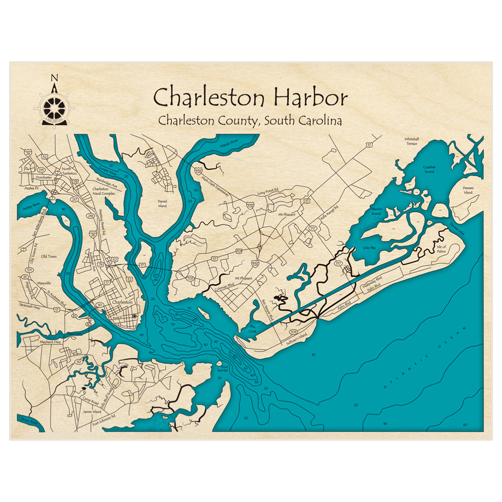 Bathymetric topo map of Charleston Harbor (extended to Dewees Inlet) with roads, towns and depths noted in blue water