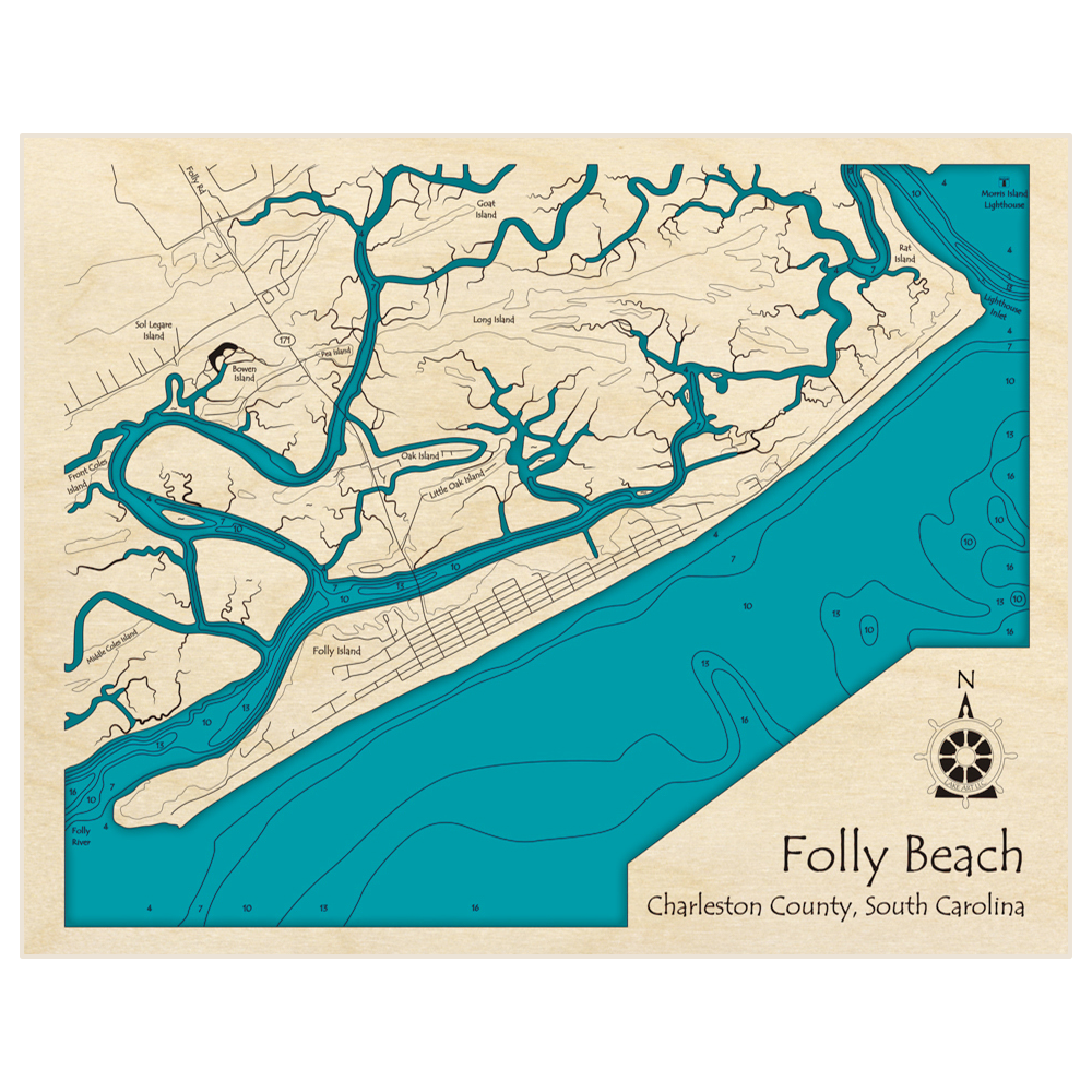 Bathymetric topo map of Folly Beach with roads, towns and depths noted in blue water