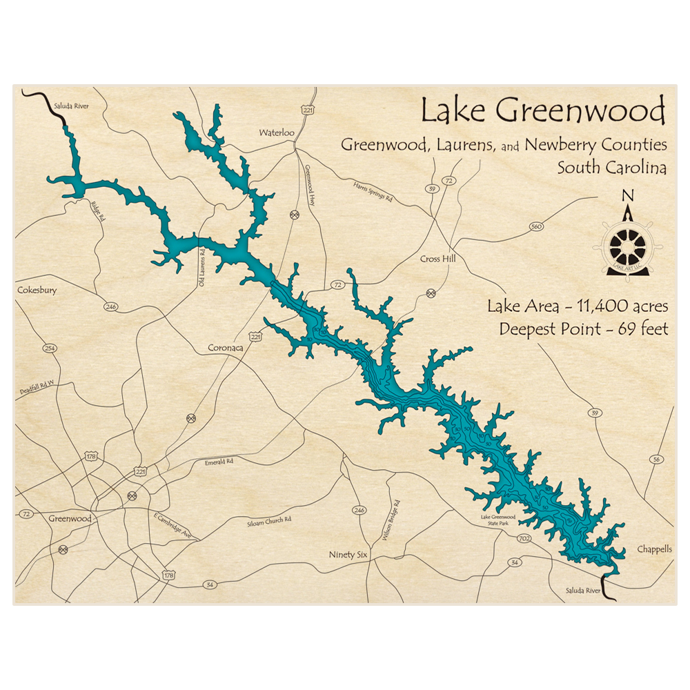 Bathymetric topo map of Lake Greenwood with roads, towns and depths noted in blue water