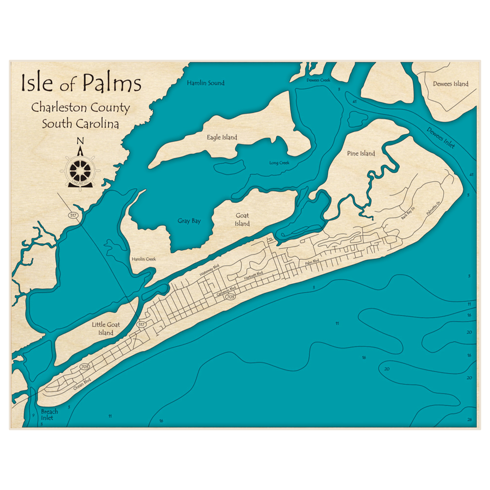 Bathymetric topo map of Isle of Palms with roads, towns and depths noted in blue water