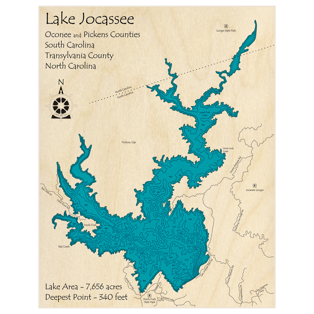Bathymetric topo map of Lake Jocassee with roads, towns and depths noted in blue water
