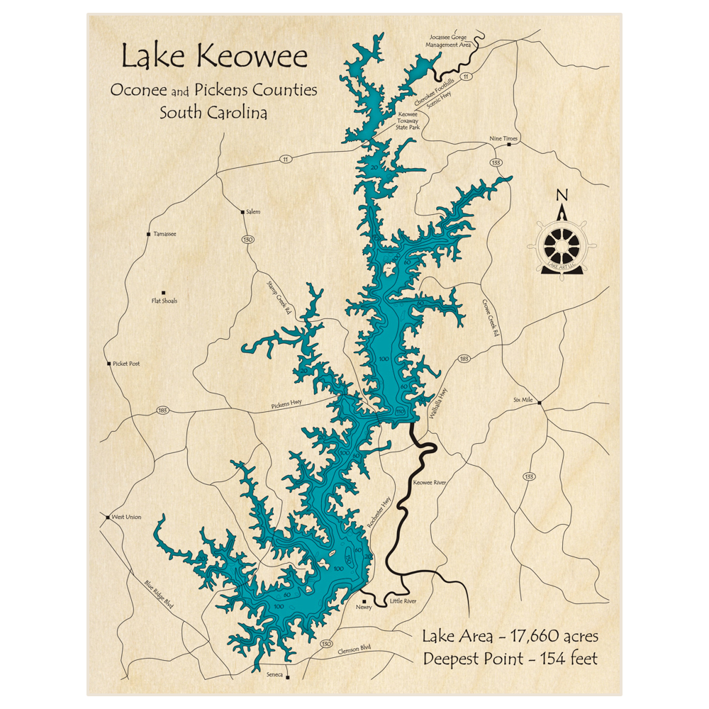 Bathymetric topo map of Lake Keowee with roads, towns and depths noted in blue water