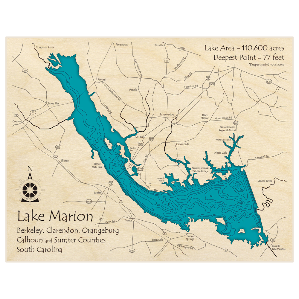 Bathymetric topo map of Lake Marion with roads, towns and depths noted in blue water