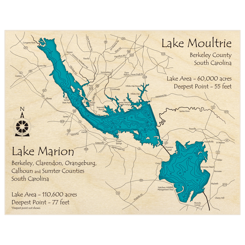 Bathymetric topo map of Lake Moultrie (With Lake Marion) with roads, towns and depths noted in blue water
