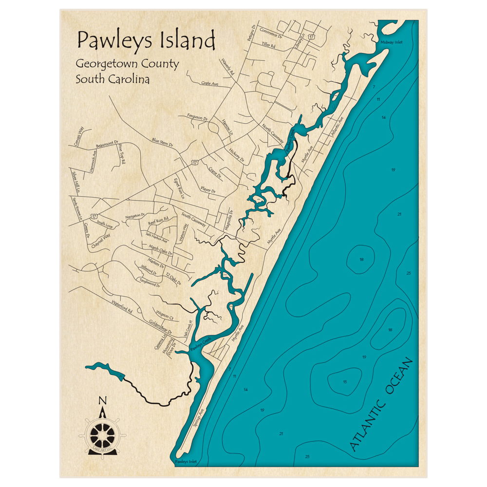 Bathymetric topo map of Pawleys Island with roads, towns and depths noted in blue water