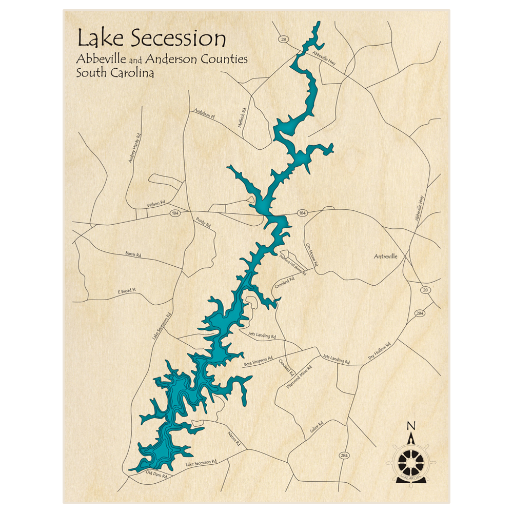 Bathymetric topo map of Secession Lake  with roads, towns and depths noted in blue water