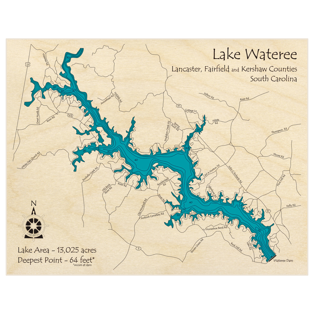 Bathymetric topo map of Lake Wateree with roads, towns and depths noted in blue water