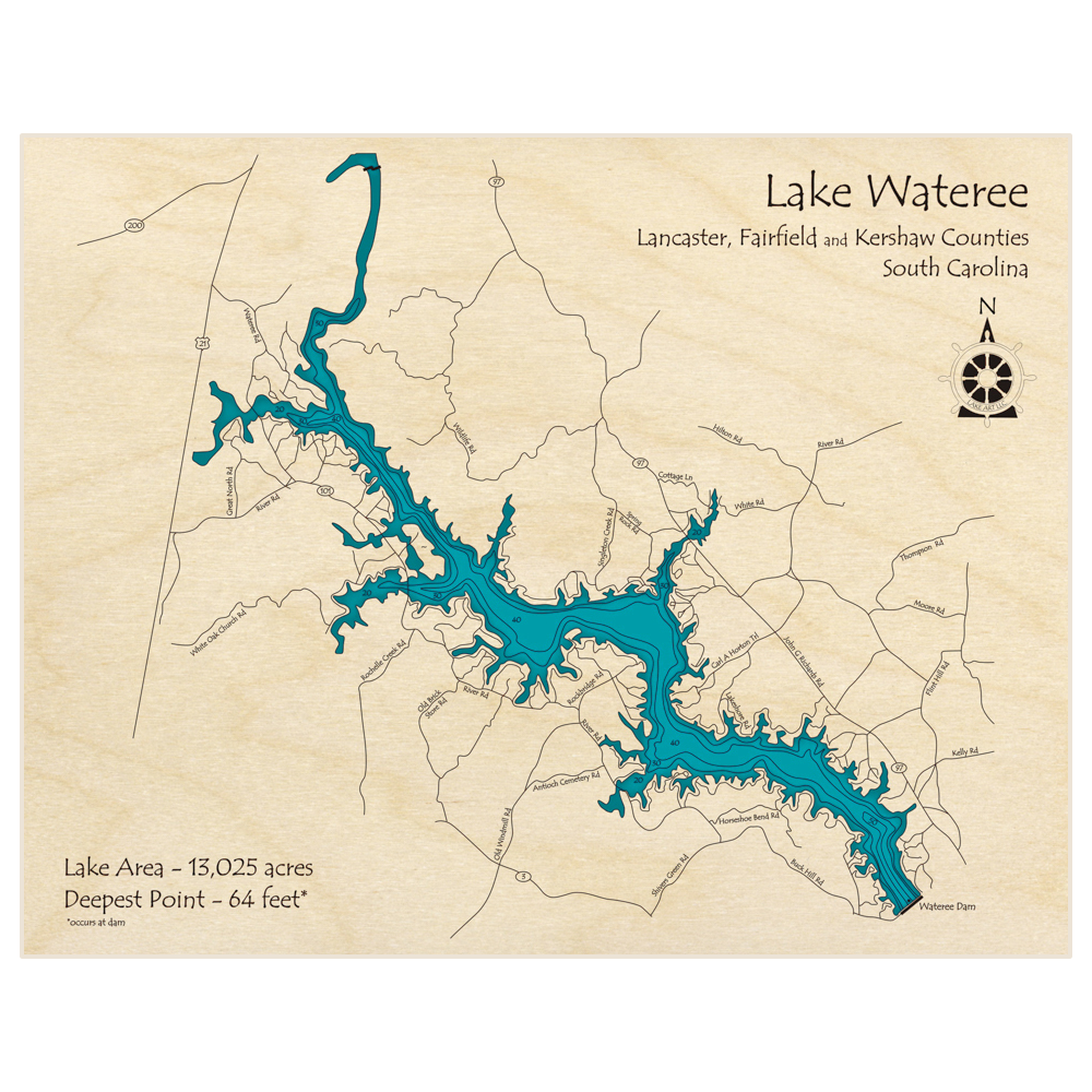 Bathymetric topo map of Lake Wateree (Extended From Wateree Dam to Stumpy Pond) with roads, towns and depths noted in blue water