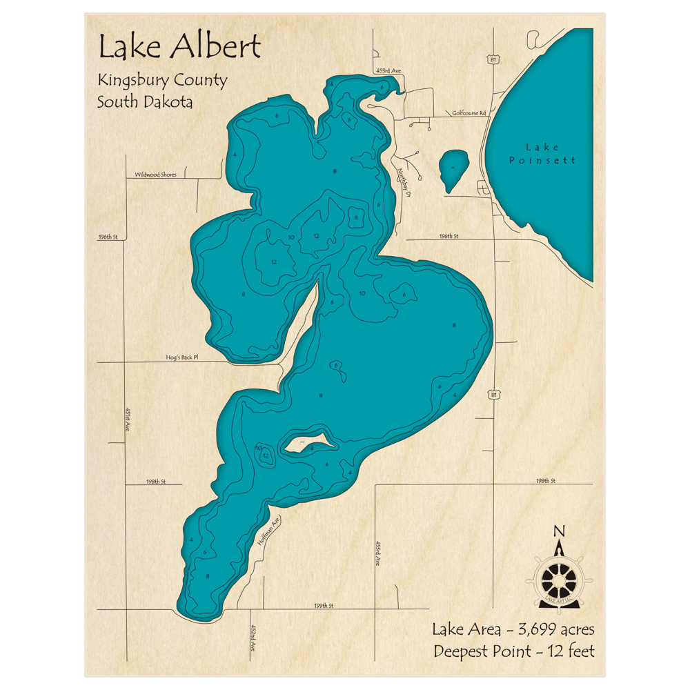 Bathymetric topo map of Lake Albert with roads, towns and depths noted in blue water