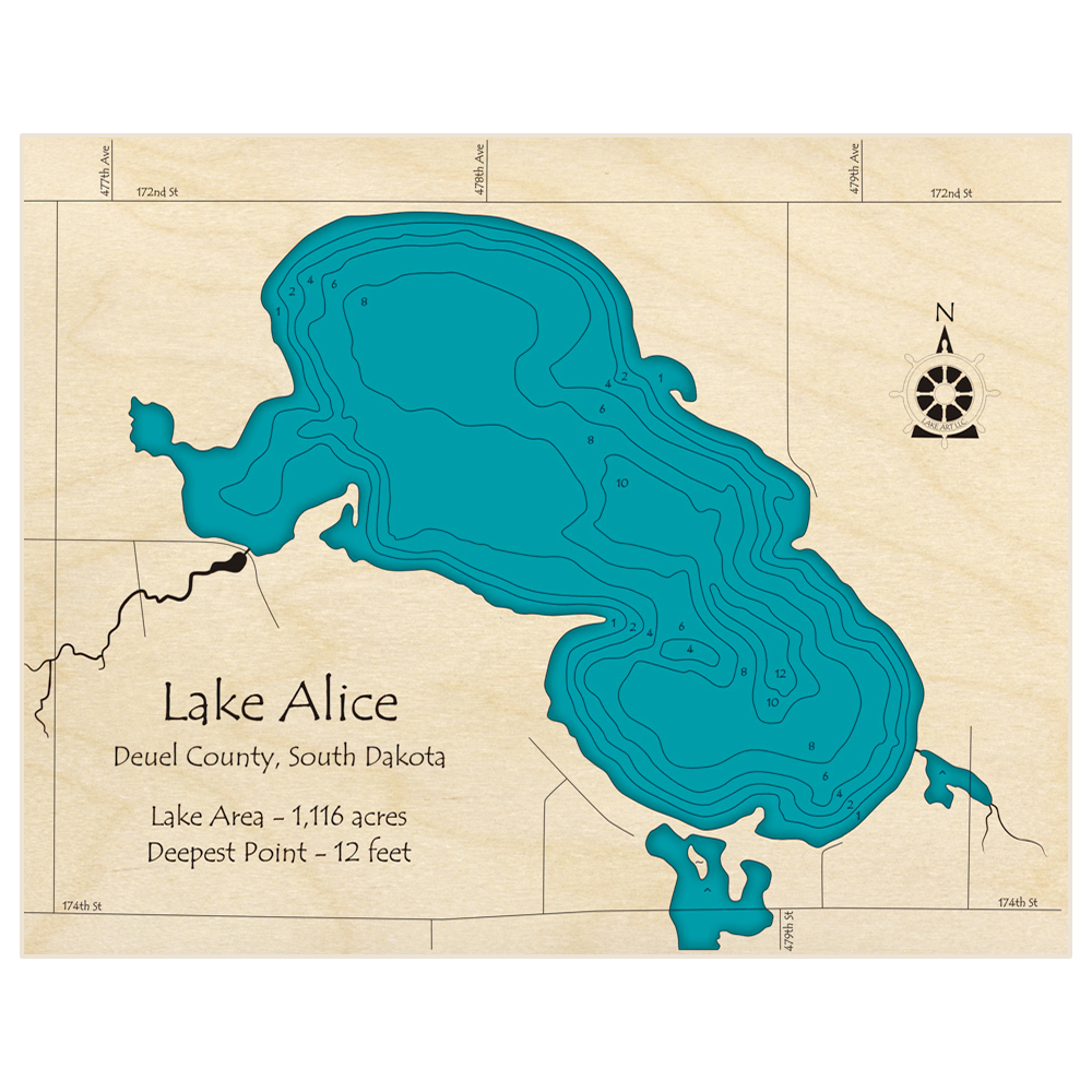 Bathymetric topo map of Lake Alice with roads, towns and depths noted in blue water