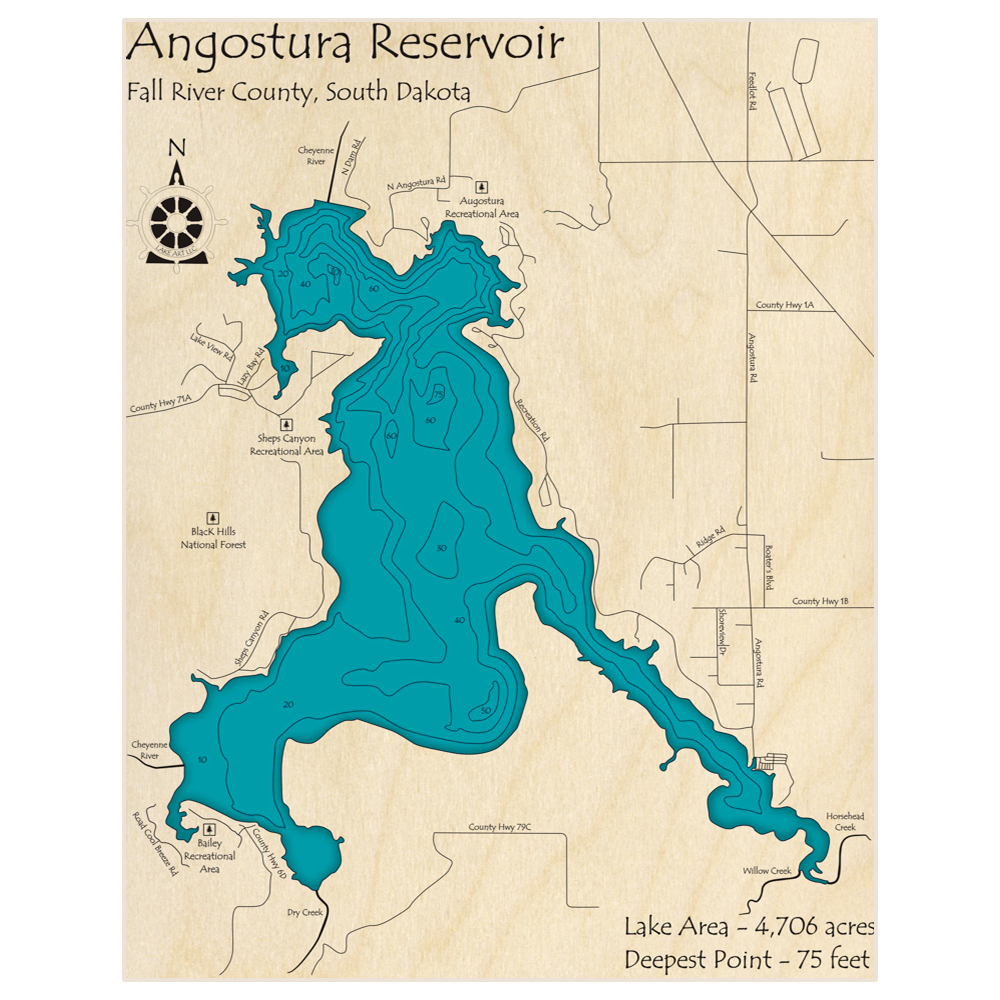 Bathymetric topo map of Angostura Reservoir with roads, towns and depths noted in blue water