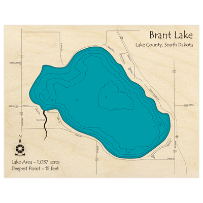 Bathymetric topo map of Brant Lake with roads, towns and depths noted in blue water