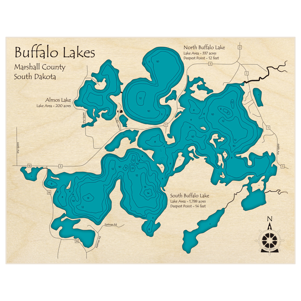 Bathymetric topo map of Buffalo Lakes with roads, towns and depths noted in blue water
