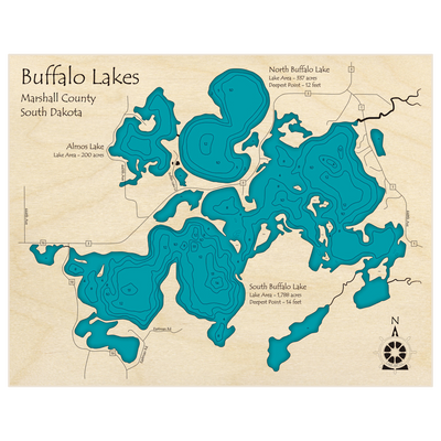 Bathymetric topo map of Buffalo Lakes with roads, towns and depths noted in blue water
