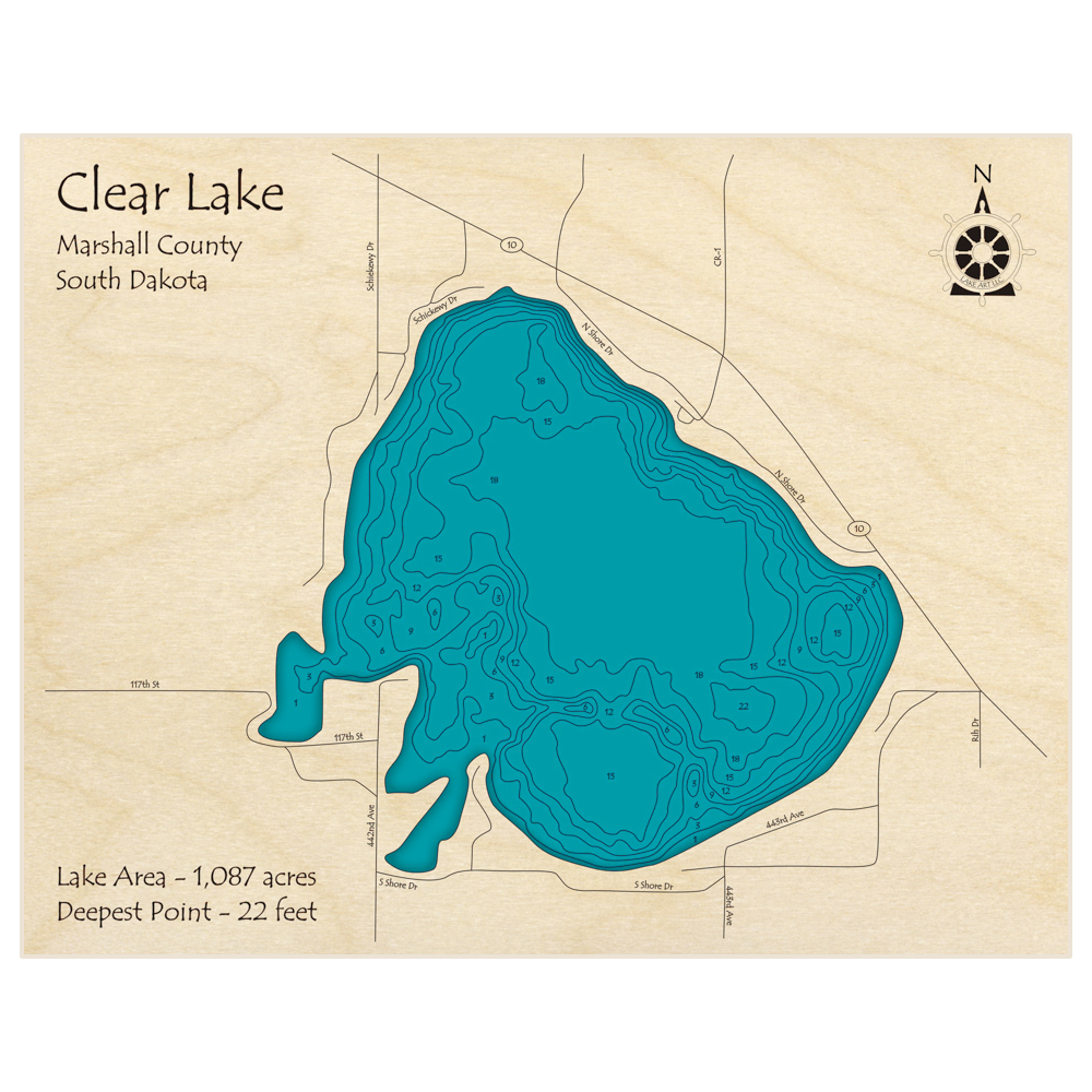 Bathymetric topo map of Clear Lake with roads, towns and depths noted in blue water