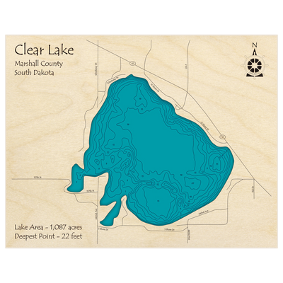 Bathymetric topo map of Clear Lake with roads, towns and depths noted in blue water