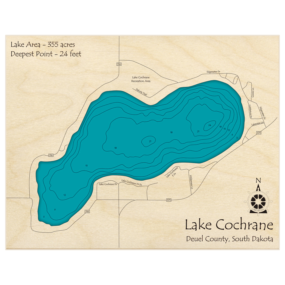 Bathymetric topo map of Lake Cochran with roads, towns and depths noted in blue water