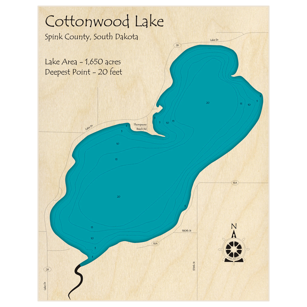 Bathymetric topo map of Cottonwood Lake with roads, towns and depths noted in blue water