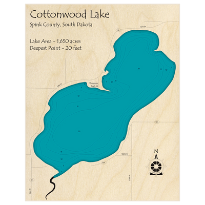 Bathymetric topo map of Cottonwood Lake with roads, towns and depths noted in blue water