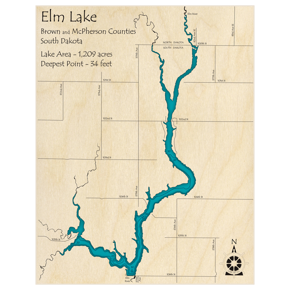 Bathymetric topo map of Elm Lake with roads, towns and depths noted in blue water
