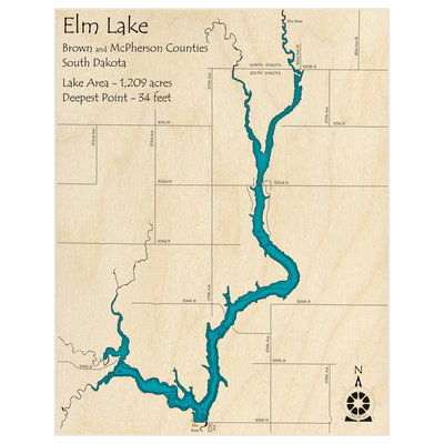 Bathymetric topo map of Elm Lake with roads, towns and depths noted in blue water