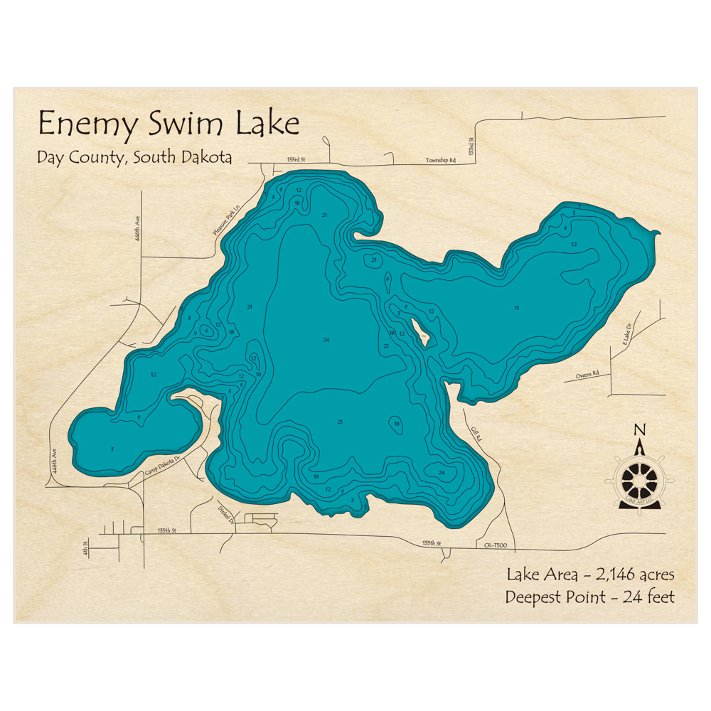 Bathymetric topo map of Enemy Swim Lake with roads, towns and depths noted in blue water