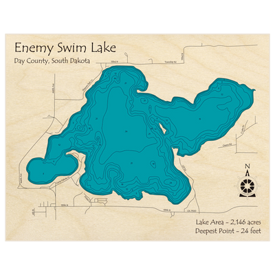 Bathymetric topo map of Enemy Swim Lake with roads, towns and depths noted in blue water